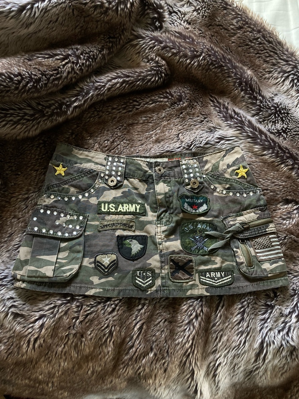Y2K Bedazzled Camo Patch Mini Skirt